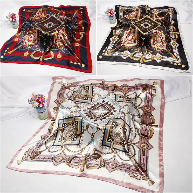 Lenço de seda cetim estampado para mulheres, hijab fashion, lenço, lenço quadrado, lenço na cabeça para senhoras, 90x90cm, 2022