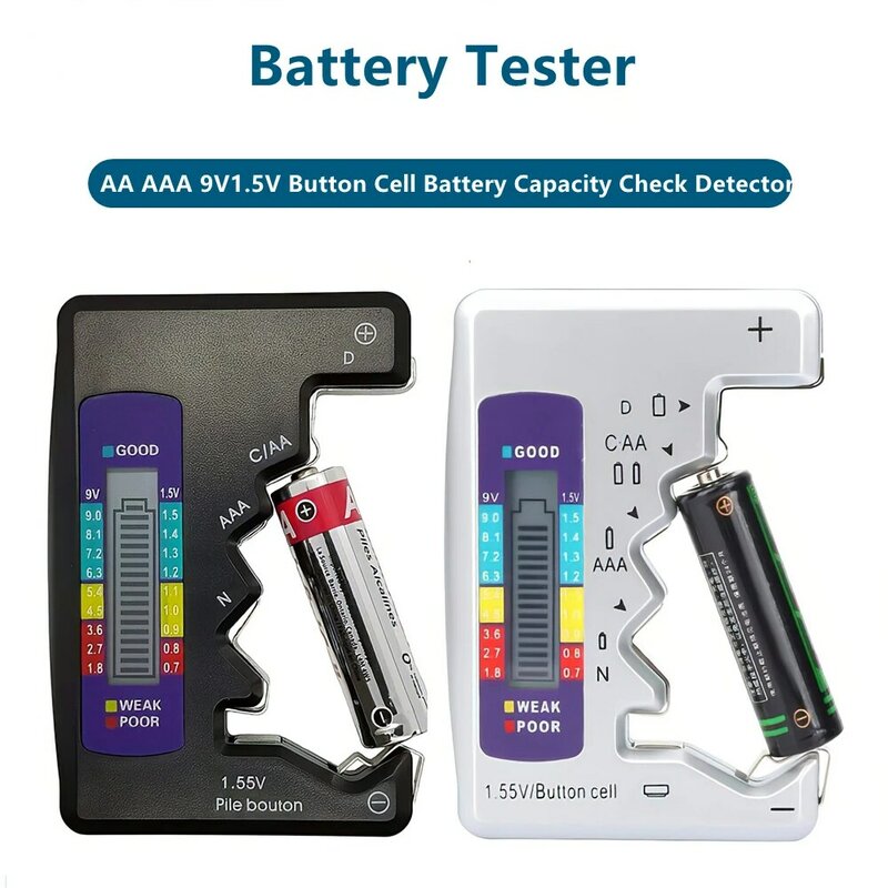 Testador de Bateria Digital com Display LCD, Célula Botão Detector de Verificação da Capacidade da Bateria, Analisador de Carga Quadriculado, C, D, N, AA, AAA, 9V, 1.5V