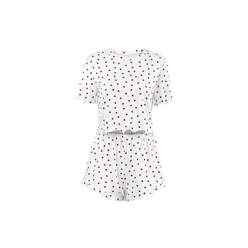 Пижамный комплект женский с принтом сердца, домашняя одежда, кружевные комплекты с шортами и футболкой с широкими штанинами, летняя одежда для сна с круглым вырезом, 2024