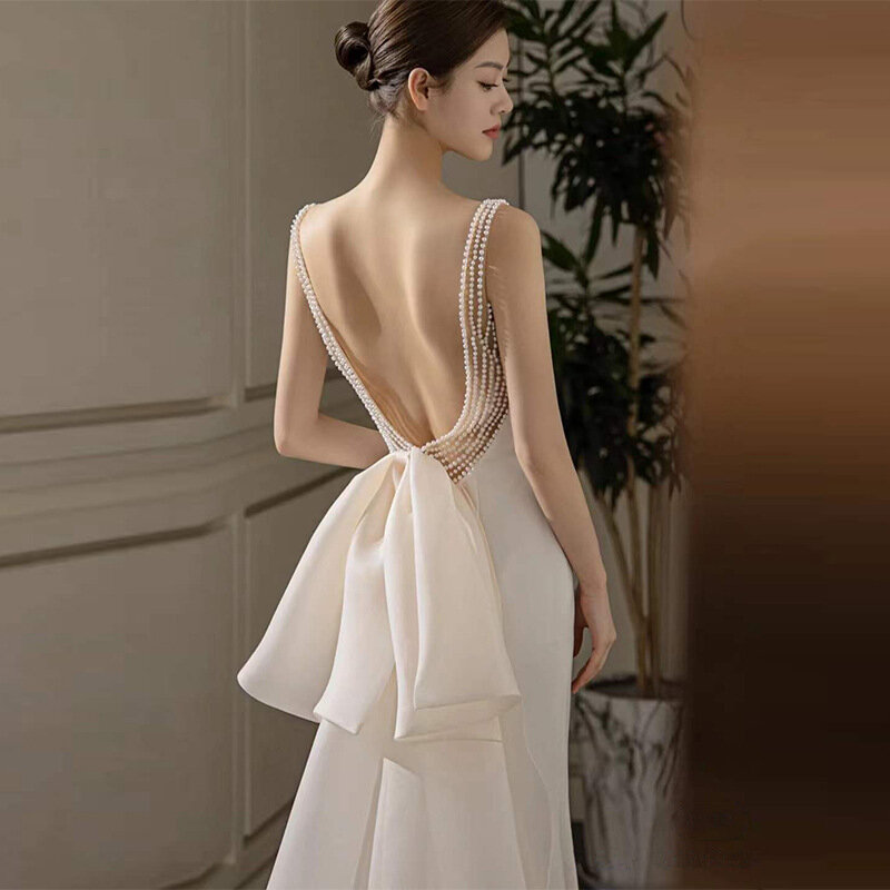 Gaun pernikahan Vintage gaun pesta Vestidos wanita gaun panjang punggung terbuka tali selempang renda tanpa lengan leher B seksi gaun putih wanita