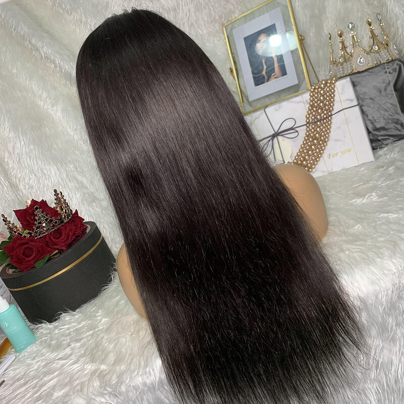 Perruque Lace Front Wig sans colle brésilienne naturelle, cheveux lisses, HD, transparent 360, pre-plucked, pour femmes africaines