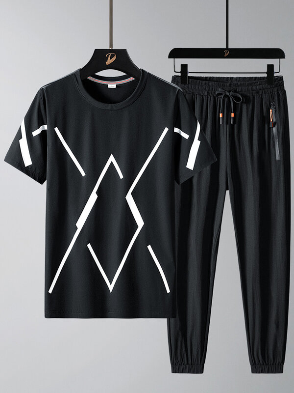 Fatos de treino masculinos tamanho grande mais tamanho moda padrão t-shirts + calças 2 peça define homem streetwear casual jogger sweat suits 8xl