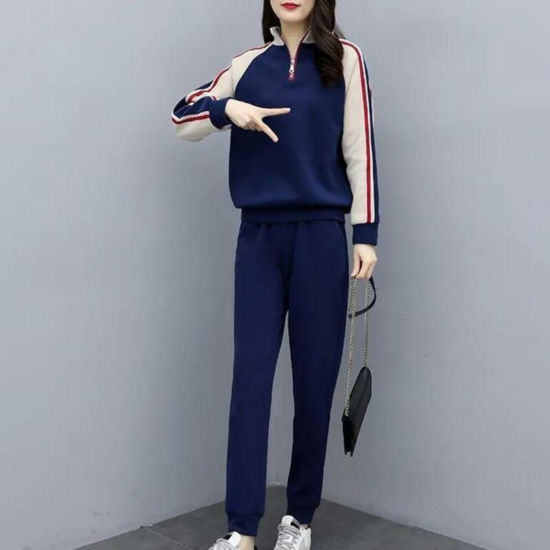 Tuta a contrasto di colore tuta da donna abbinata ai colori con colletto alla coreana felpa pantaloni elastici in vita accogliente inverno per donna