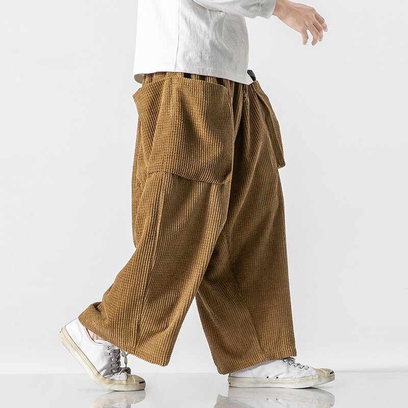 Celana panjang pria korduroi longgar gaya Tiongkok, celana Harem kaki lebar Semua cocok saku besar pria dalam Jepang