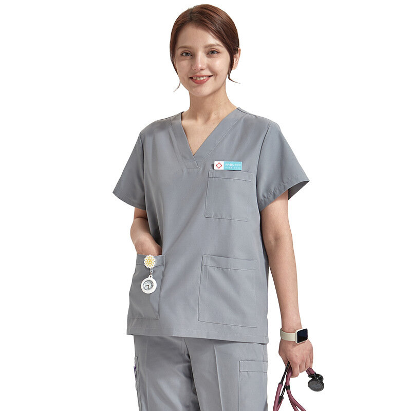 Set scrub medis untuk wanita pengasuh pekerja menyusui 3 saku seragam suster wanita atasan celana Esthetician Workwear