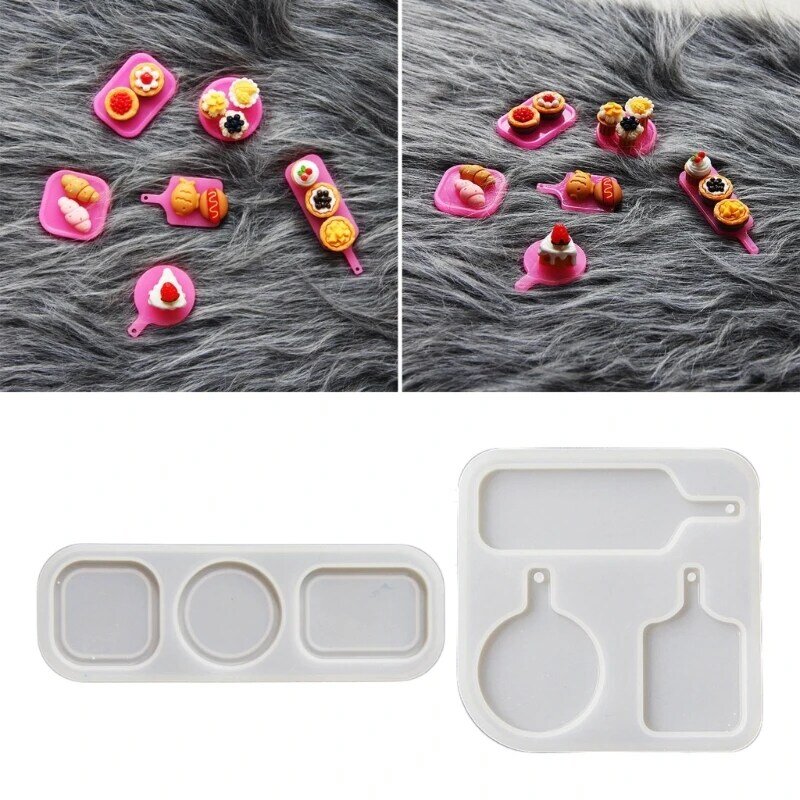 Nampan Unik Mini Food Play Tray Cetakan Silikon Bulat Persegi Liontin Cetakan untuk DIY Gantungan Kunci Perhiasan Makanan Epoxy