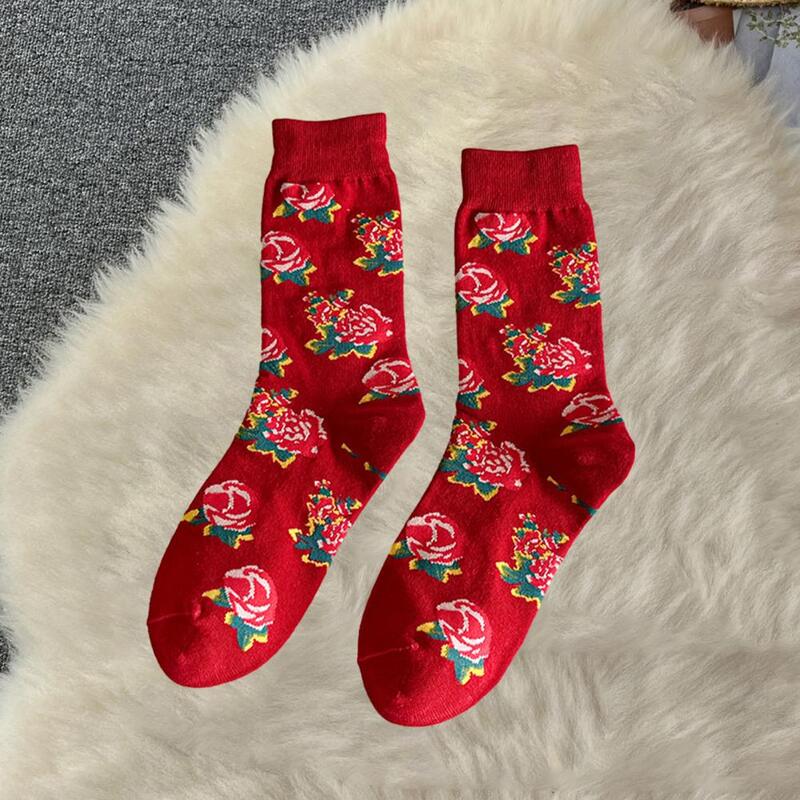 Trendy Design Stockings Chinese Northeast Flower Print Mid-tube Women's Men's Socks Soft Breathable Anti-slip for New Year