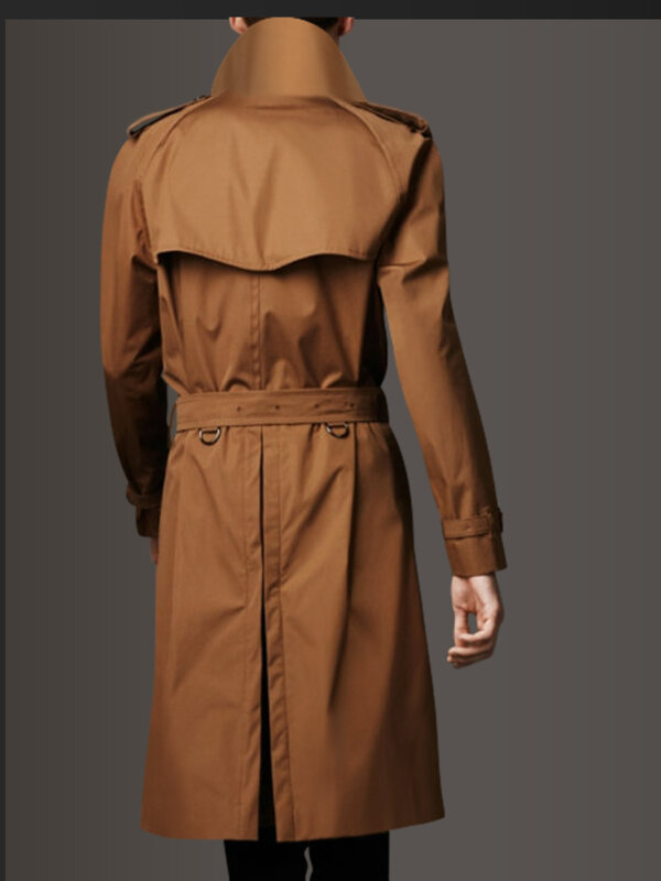 Casaco quebra-vento estendido clássico masculino com cinto, jaqueta casual de negócios longa x, peito duplo, corta-vento estilo britânico, marrom