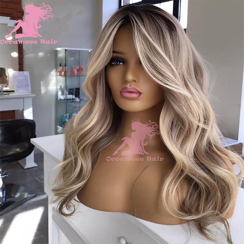 Highlights Ash Blonde Full Lace Wig Natural Wavy Brazilian Remy Human Hair Wig Glueless Lace Frontal Wig 13x6 Transparent Swiss