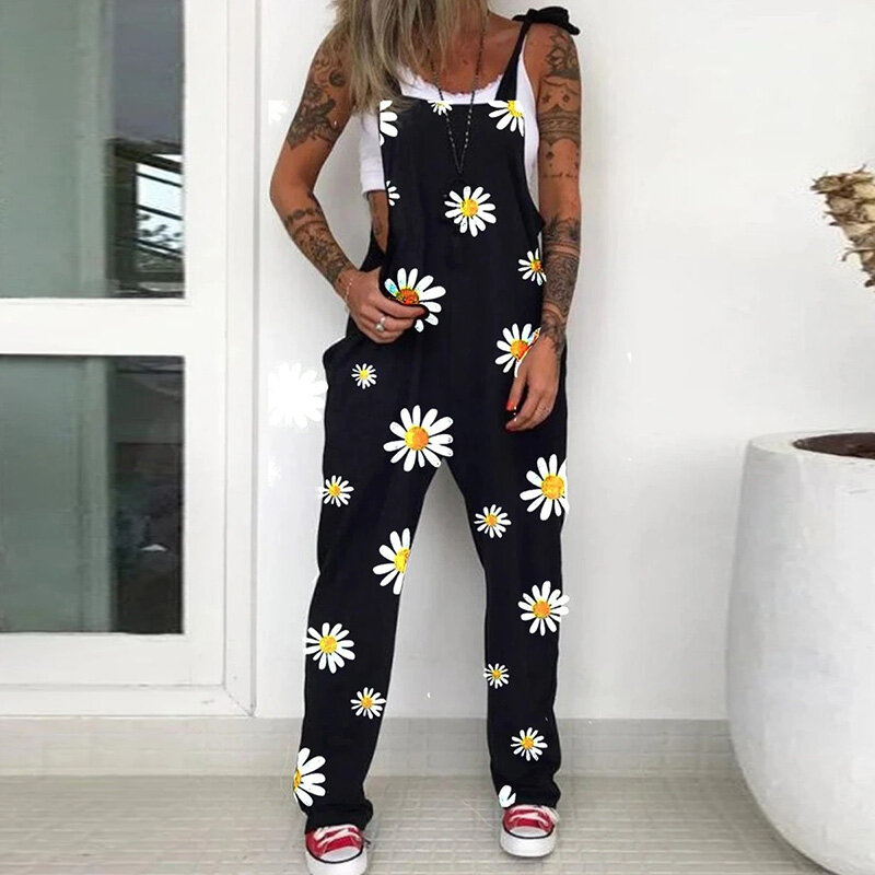Women's Daisy Skull Print Strappy Jumpsuits Casual Fashion Romper with Pocket Wide Leg Loose Overall 2022 Summer Trendy Playsuit