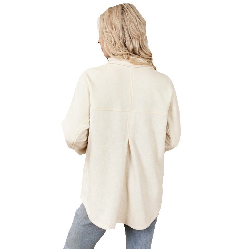 เสื้อโค้ทแขนยาวสีพื้นสำหรับผู้หญิง, เสื้อแจ็คเก็ตทรงหลวมลำลองมีกระดุมกระเป๋าใหม่ฤดูใบไม้ร่วง