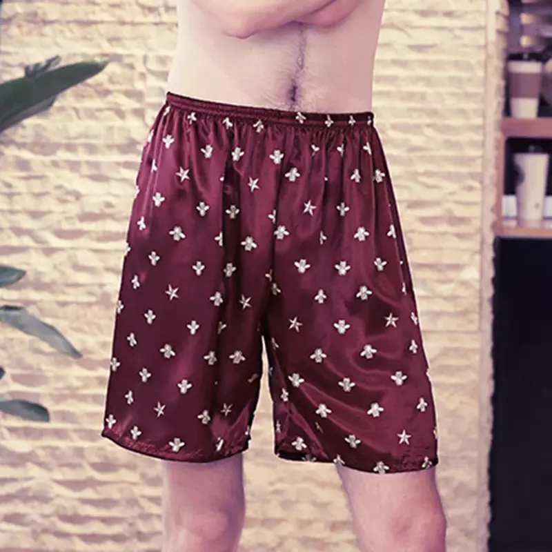 Пижама Мужская атласная на пуговицах, Шелковые штаны для сна, удобная одежда для сна с эластичным поясом, шорты с принтом