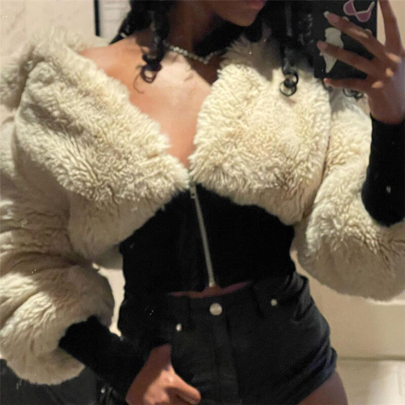 Fur Crop Jackets Furry Cropped Bomber Thick Warm Coats 2023 Winter Fall Women Fashion Clothes Y2K Streetwear Puff Winter Jacket
