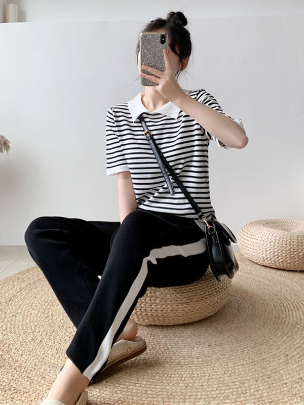 Stripe Knitted 2 Pieces Sets Women Knit Lapel Short Sleeve Pullover Tops Conjuntos Korean High Waist Ankle Length Pants Outfit