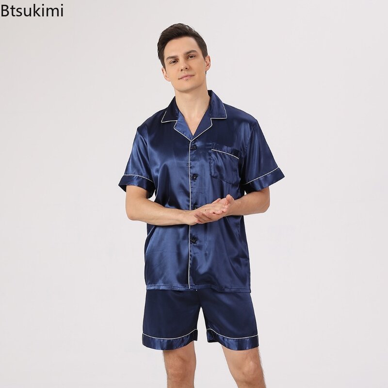 Conjunto de pijama cetim masculino luxuoso, pijamas de seda gelo, roupa casual para casa, moda verão, shorts e manga curta, terno pijama