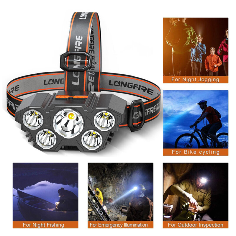 5 LED Headlamp Rechargeable Powerful Head Lamp with Built-in 18650 Battery Outdoor Camping Headlight Head Flashlight Head Light