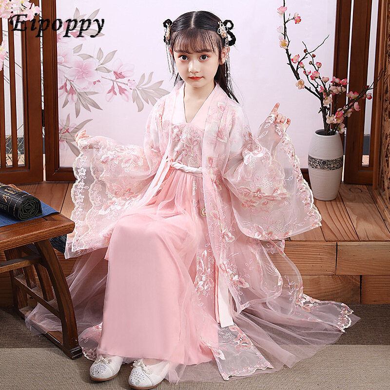 Disfraz de Bata de seda China para niñas, Kimono tradicional de China, vestido antiguo étnico Vintage, traje de baile, conjunto de Hanfu para cosplay
