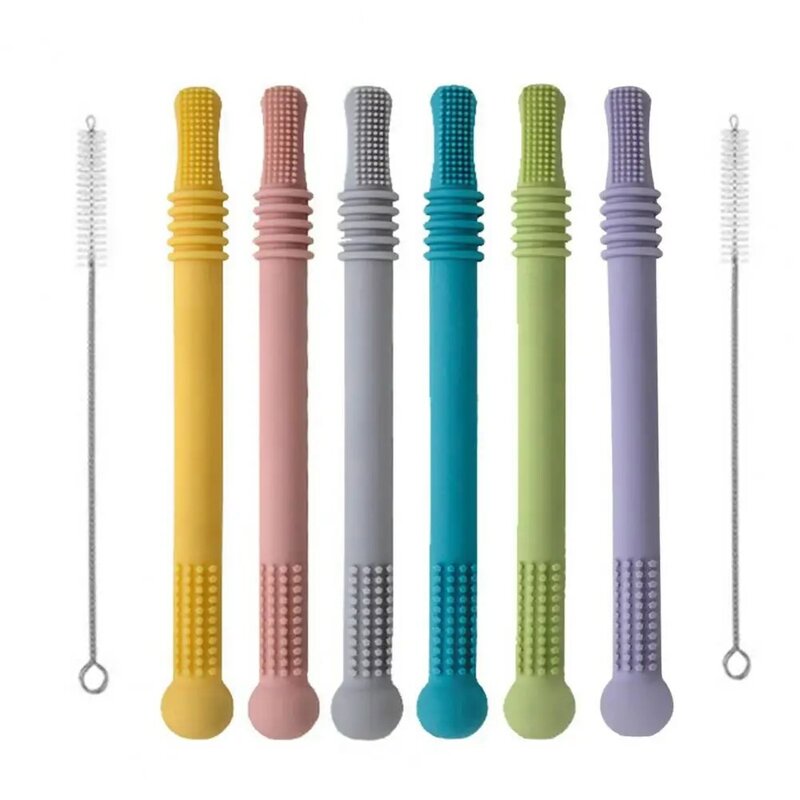 Silicone Teething Sticks para Bebês, Soft Flexible Chew Toys, Brinquedo Vibrante, 12-18 Meses, Conjunto com Escova, 6Pcs