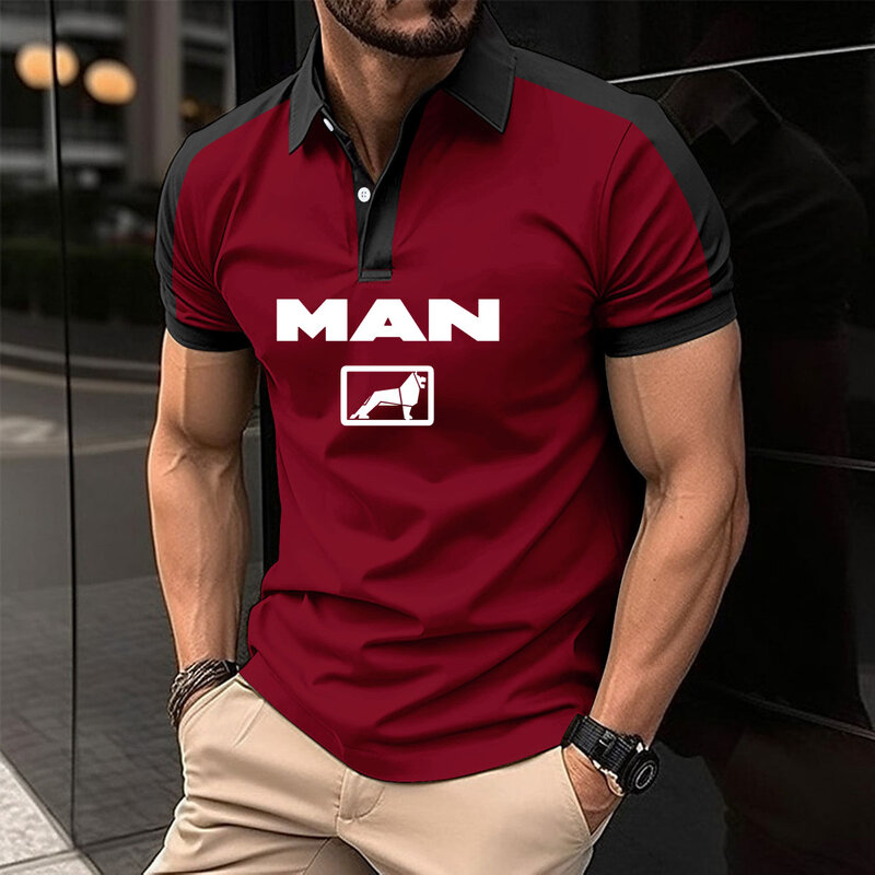 New casual men's polo shirt fashion lapel button business color patchwork T-shirt top Truck MAN print brand short sleeves