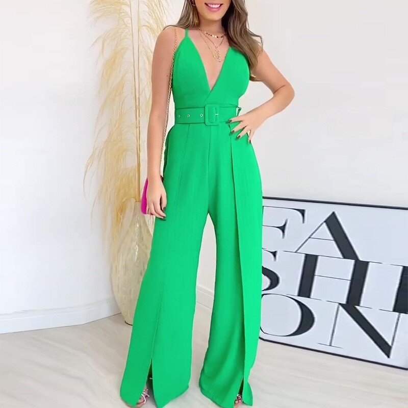 Summer Suspenders Female Jumpsuit Sexy V Neck Sleeveless Split Wide Leg Trousers Overalls for Women Fashion High Waist Jumpsuits