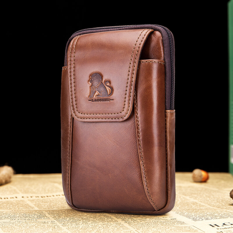 Tas ponsel kulit asli pria, 1 buah tas pinggang kulit sapi asli dapat dipakai sabuk bisnis berpergian tahan lama tahan aus