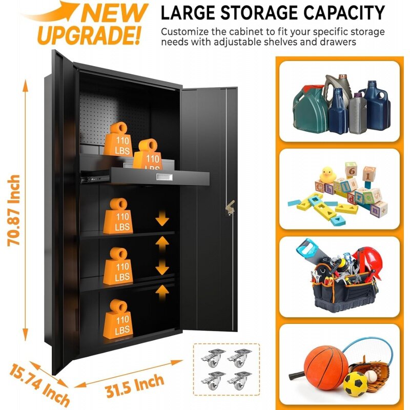 Metal Storage Cabinet with Doors & Adjustable Shelves, 72 Inch Black Lockable Garage    Wheels & ; Drawers & ;