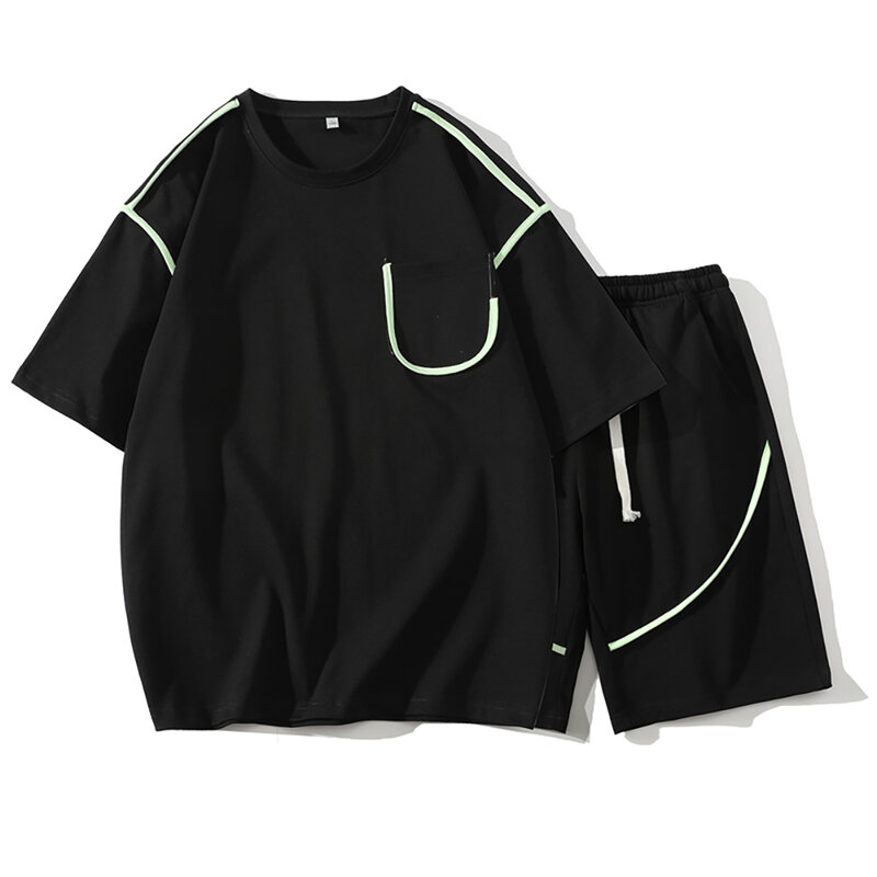 Повседневный Спортивный костюм, мужская летняя Однотонная футболка с буквенным принтом и коротким рукавом, мужские шорты с рукавом до локтя, комплект из двух предметов