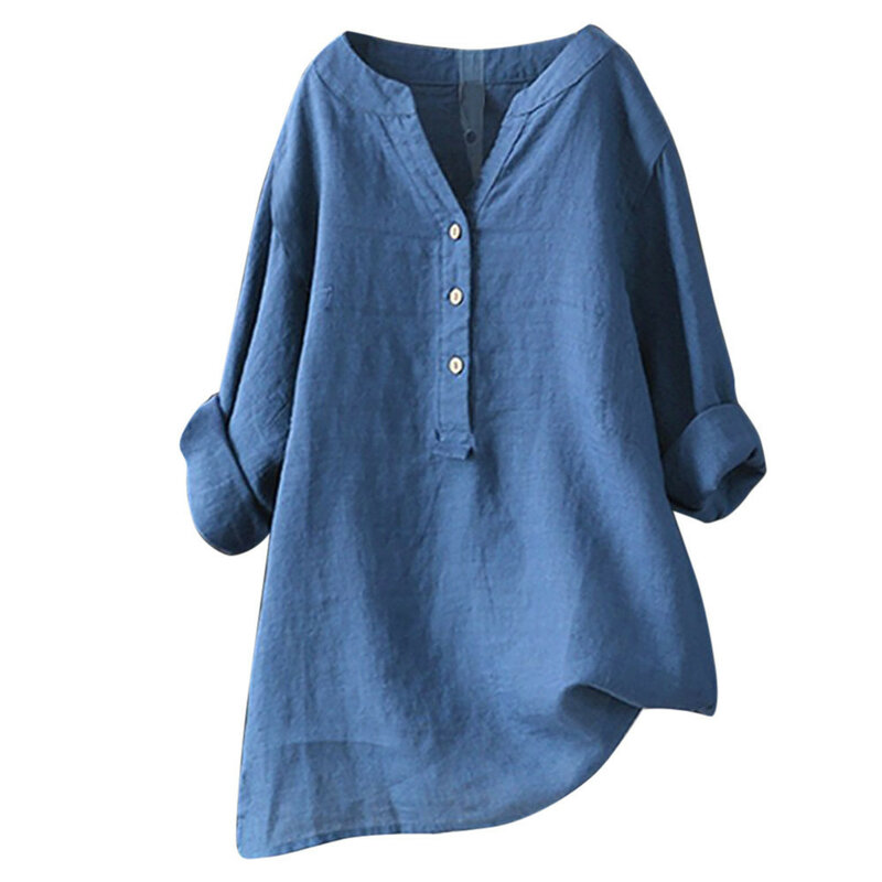 Kaus Korduroi Longgar Mode 2023 Kaus Lengan Panjang Solid Kasual Linen Katun Wanita Blus Atasan Kancing Baju