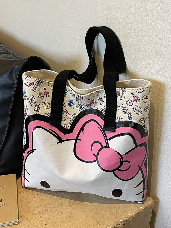 Cute Katie Canvas Bag For Women 2024 New Cartoon Kt Cat Large Capacity Shoulder Bag Commuter Tote Shoulder Bag