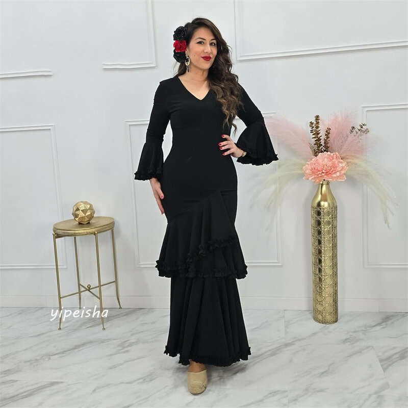 Gaun malam gaya Saudi Jersey lipit Ruffle ulang tahun A-line leher V Bespoke gaun acara gaun Midi