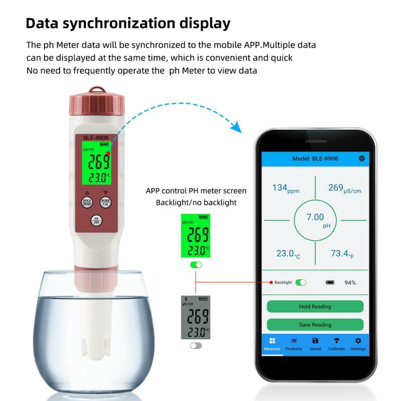 Digital Tds água Tester para beber, água da piscina Tester com App, controle inteligente, 4 em 1