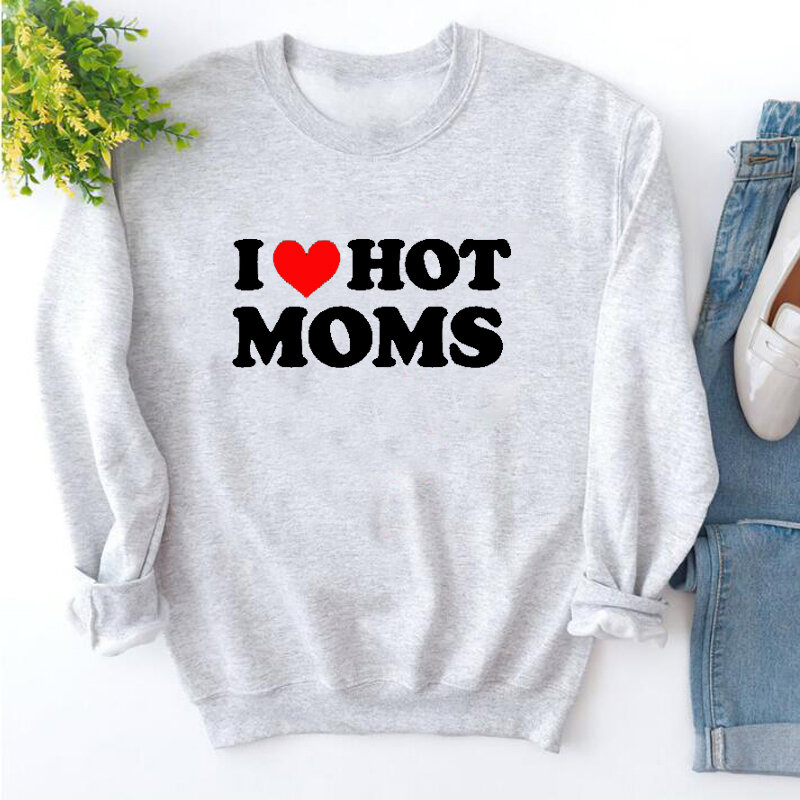 Mulheres I Love Hot Moms Vermelho Love Heart Sweatshirts, Algodão, Solto, Roupas de Inverno, Streetwear Feminino, O Gola Hoodies, Jumper, Fashion