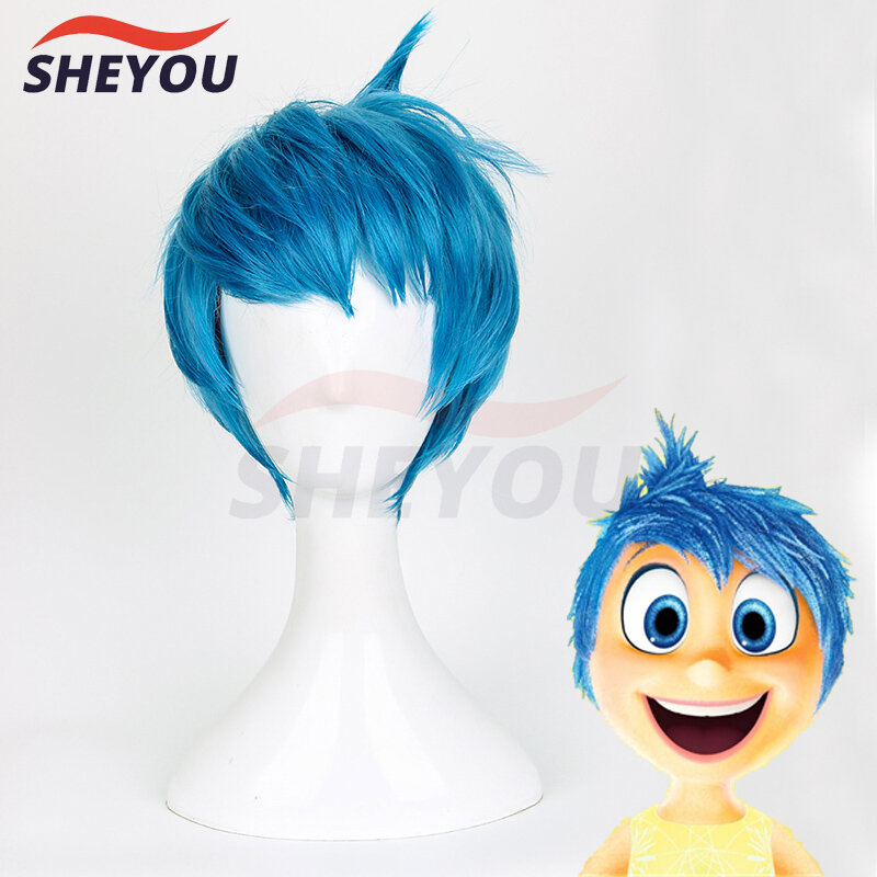 Inside Out Joy วิกผมสั้นสีฟ้าทนความร้อนผมคอสเพลย์ Wigs + หมวกวิกผม