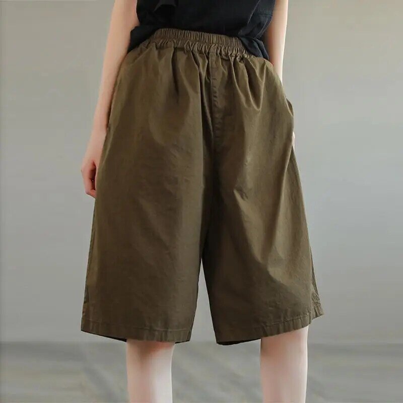 กางเกงขาสั้นผ้าคอตตอนแท้สำหรับผู้หญิง, กางเกง6/4เอวยางยืดทรงหลวมกระเป๋าสีล้วนแบบใหม่สำหรับฤดูร้อน2024