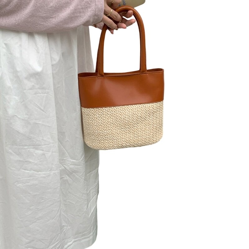 Модная сумка через плечо в стиле пэчворк с деталями из искусственной кожи. Соломенная сумка-ведро.