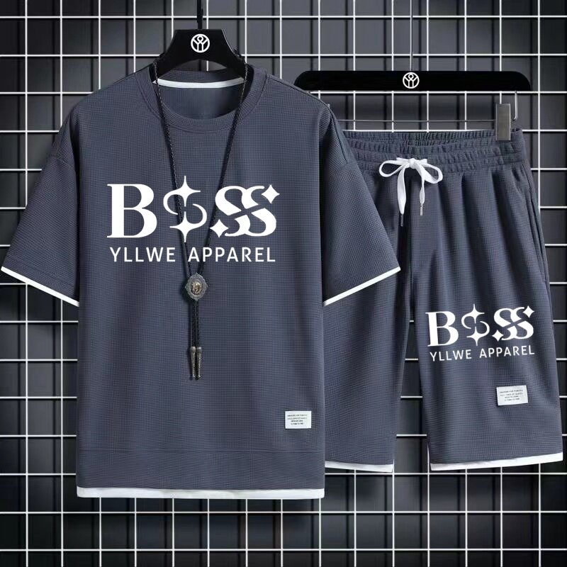 BSS YLLWE APPAREL Men's Two Piece Set Linen Fabric Casual T-shirt And Shorts Set Mens Sports Suit Fashion Short Sleeve Tracksuit