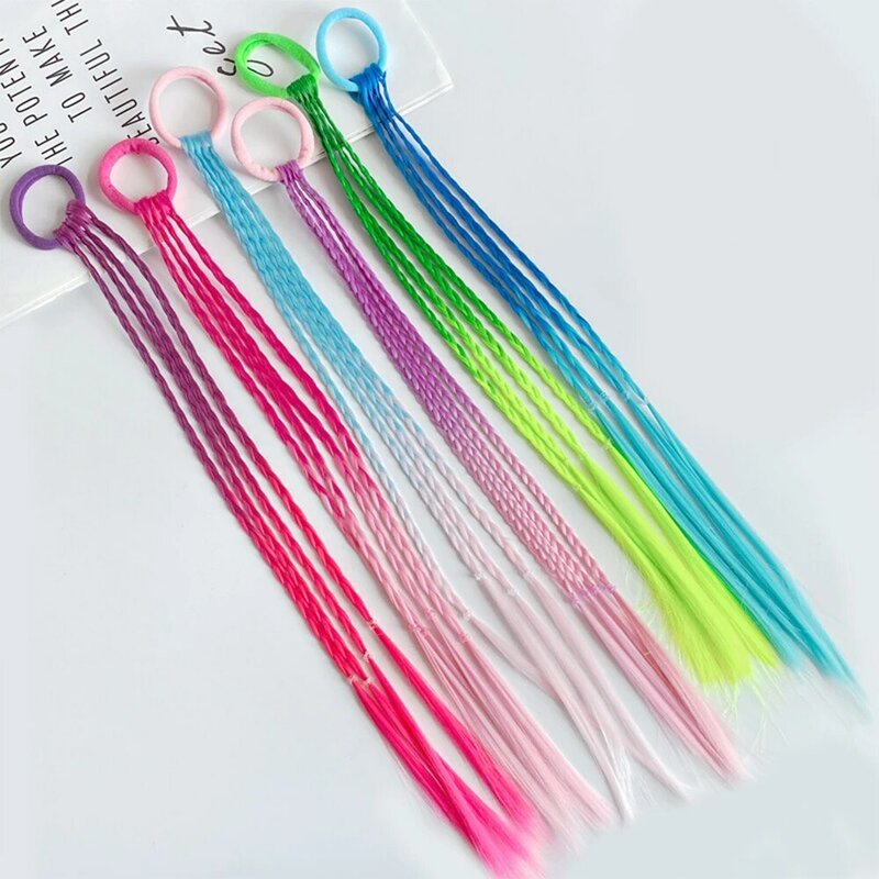 Synthetic Colorful Braids Hair Extensions With Rubber Bands Rainbow Braided Ponytail Hairpieces Hair Accessories For Kids Girls