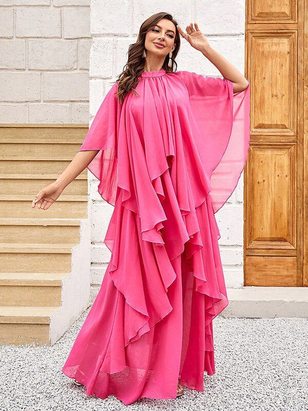 TOLEEN gaun sifon pesta malam wanita, gaun Batwing potongan lipit warna polos jala Musim Panas 2024