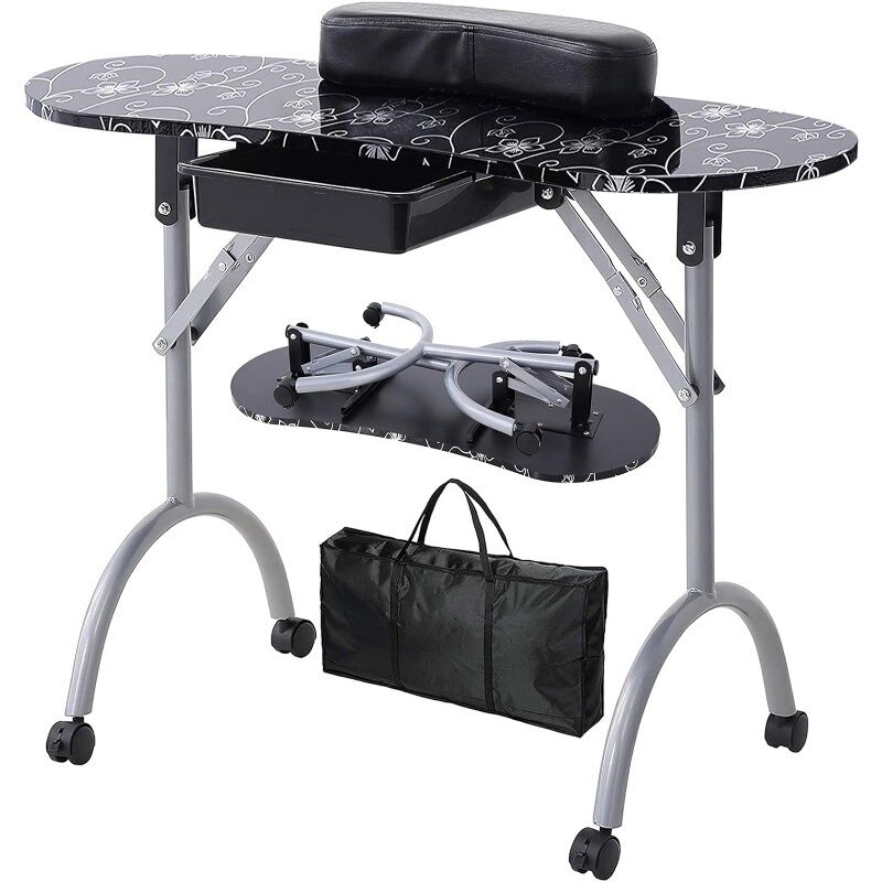 Nail Table- Portable Manicure Tables with Carrying Bag, Salon Station Foldable Nails Desk with Large Drawer, Wrist Rest,