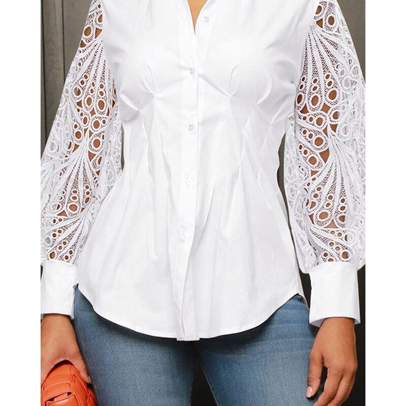 Women Lantern Sleeve Eyelet Embroidery Hollow Out Casual Top Blouse Cotton White Shirt Summer Outfits Korean Style Blusa Mujer