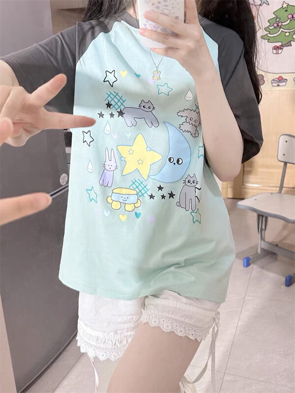 Deeptown Y2K 일본 스타일 티셔츠 여성용, 하라주쿠 카와이 애니메이션 프린트 티, 오버사이즈 한국 귀여운 스위트 걸 패치워크 탑, 여름