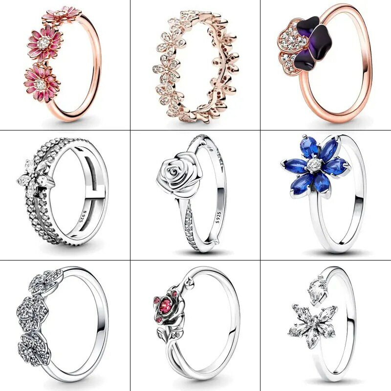 925 Silver Ring Rose in Bloom Ring Pink Daisy Flower Ring Blue Herbarium Cluster Ring Pandor Ring Women Gift Fine Jewelry DIY