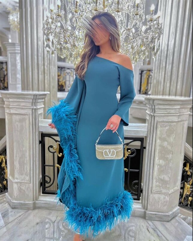 2023 New Off Shoulder Full Sleeve Luxury Double Feather Mermaid Evening Gown Ankle Elegant Prom Dress