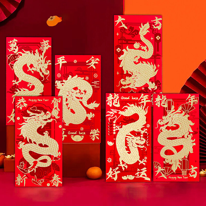 Envelopes estilo chinês com padrão bonito do dragão, pacote vermelho, ano novo, bolsa chinesa, presente, saco de dinheiro da sorte, decoração, 6 peças, 2024