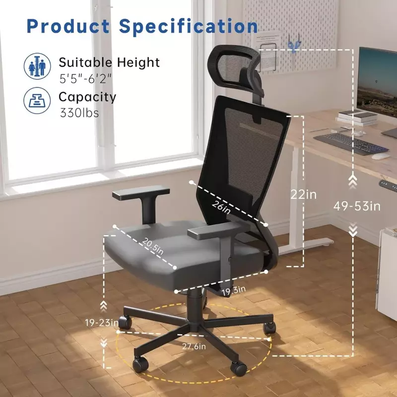 인체 공학적 사무실 의자, 요추 지지대 있는 컴퓨터 메쉬 의자, 조절 가능한 머리 받침대 및 2D 팔걸이, 360 ° 회전 작업 의자