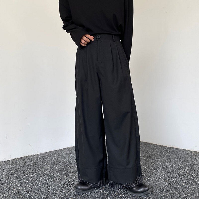 New Men's Fashion Baggy Pants Black Wide Leg Double Layered Striped Patchwork Cuffs Oversized High Waist Long Trousers Male