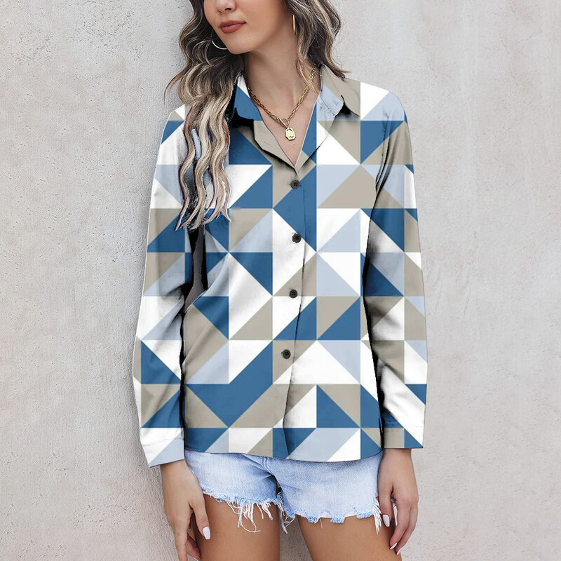 Camisa de manga comprida feminina com impressão geométrica 3D em bloco, blusas, tops, botão, azul, verão, roupas femininas, 2022