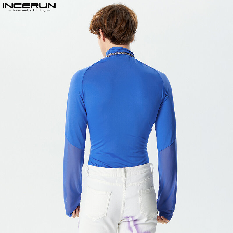 INCERUN 2024 Sexy Men Loungewear Flash Polka Dot Patchwork Mesh Bodysuits Fashion Half High Collar Long Sleeved Jumpsuits S-5XL