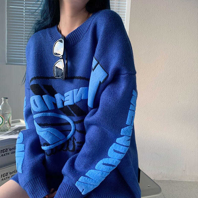 Suéter de algodón con estampado de letras para mujer, Jersey holgado de manga larga con cuello redondo, estilo coreano, informal, para Otoño e Invierno