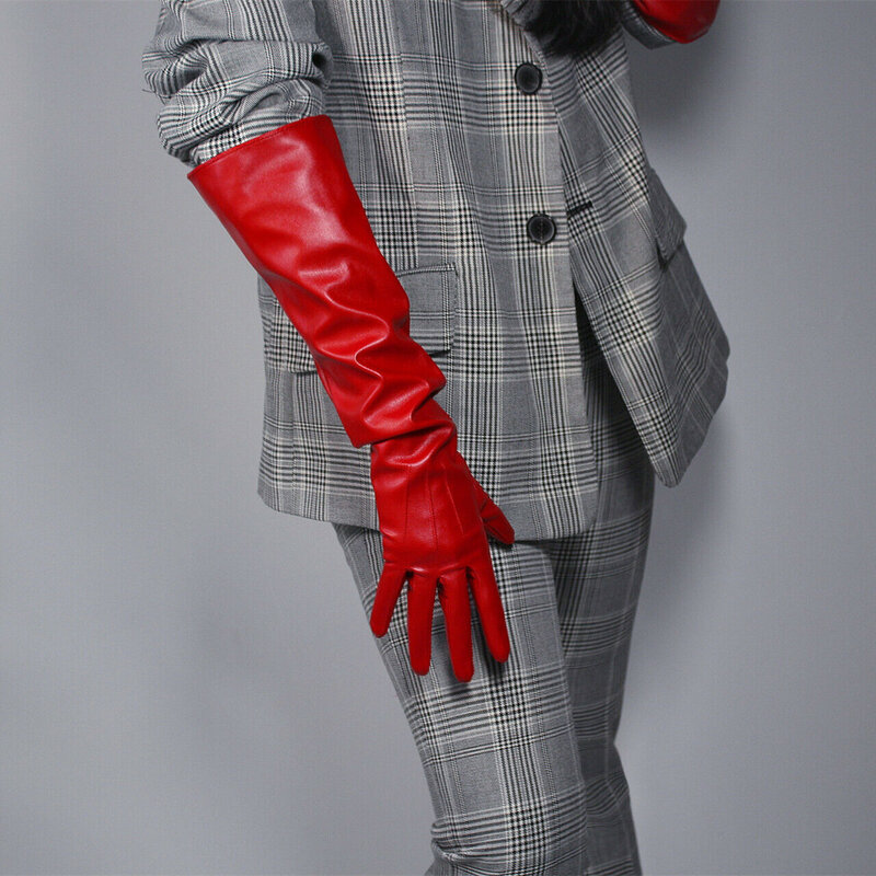 Czerwone rękawiczki Unisex z bufiaste rękawy szeroki duży wielkości łokcia długi ze sztucznej skóry zimowy strój na bożonarodzeniowa rękawica ślubny